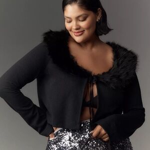 Maeve by Anthropologie Faux-Fur Collar Cropped Cardigan Sweater in Black - XL